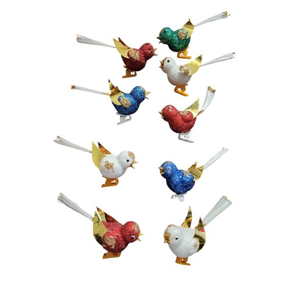 Vintage Other - Vintage Glitter Bird Christmas Ornaments Plastic Clip Foil Wing Gold Set of 9